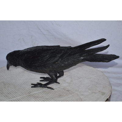 Western Raven Bronze Statue with Head Down, Hylan Hand-Crafted Wildlife Sculpture, 22"L x 6"W x 11"H