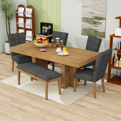 Farmhouse Extendable Solid Wood Dining Table Set for 6 with 4 Upholstered Chairs and Bench