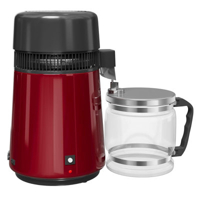 4L Stainless Steel Water Distiller – 750W Countertop Purifier with Glass Pot for Home, Lab, Aquarium, Workplace – Red (without handle), Glass pot, 4L, 750W