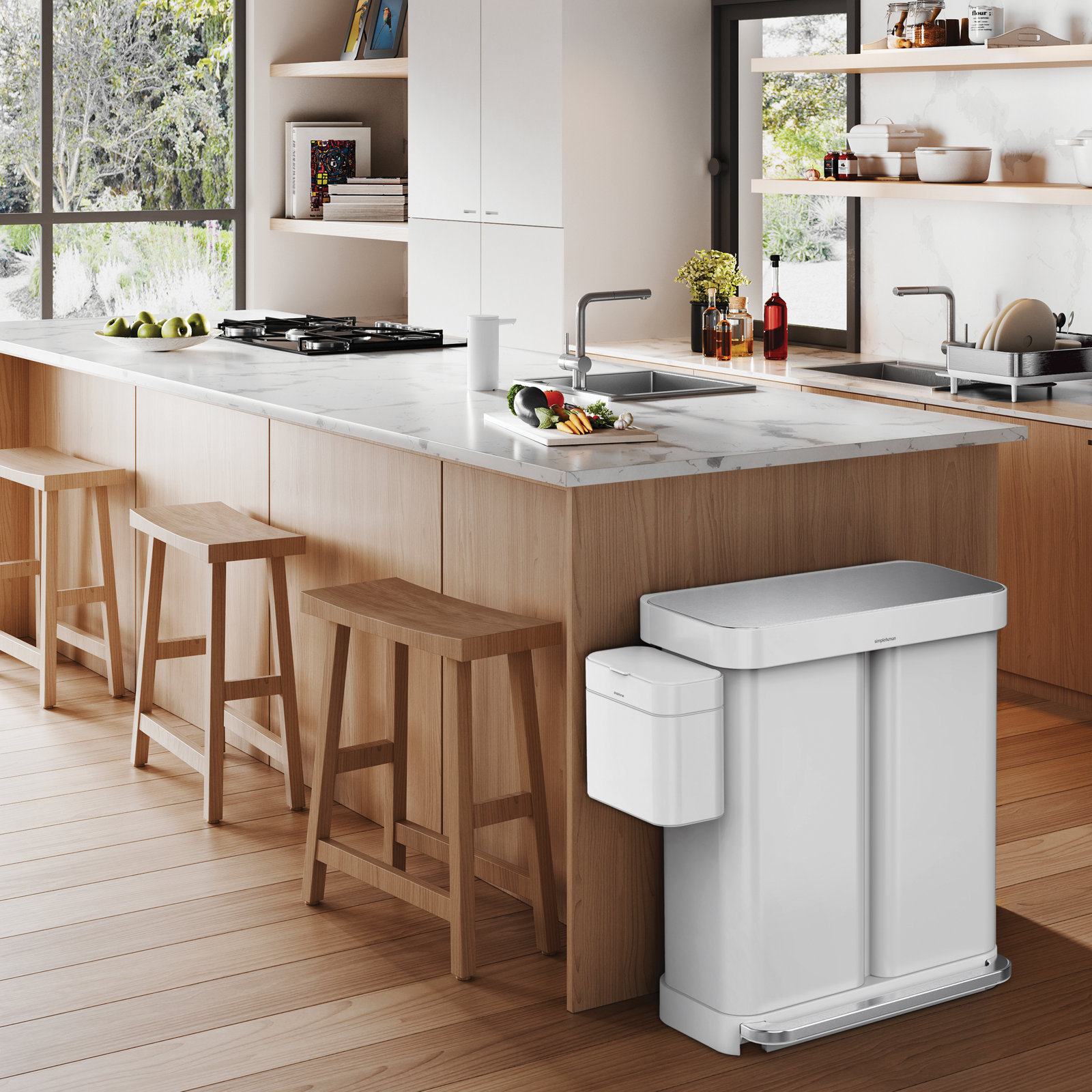simplehuman 15.3gal Dual Recycling Step Can, White