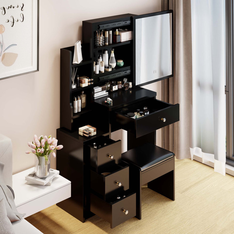Petite coiffeuse 29,2 po avec tabouret de chevet gauche + tabouret rembourré, très grand miroir coulissant à droite, rangement multi-couches grande capacité, commode pratique et pratique, convient aux petits espaces
