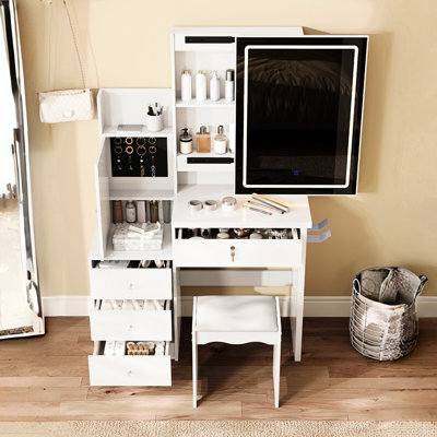 White Vanity Desk With Sliding Mirror, 4 Drawers, 9 Storage Areas, Hidden Compartments And Comfortable Stool. Led Mirror Three Color Temperatures Stepless Dimming. Integrated Power Hub 2 Ac Outlets,