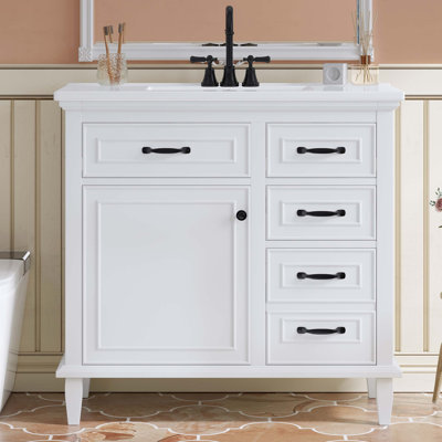 Meuble-lavabo de 36 po avec comptoir en céramique, tiroirs rabattables, tablette réglable et poignées en alliage de zinc, armoire de rangement autoportante (robinet non inclus)