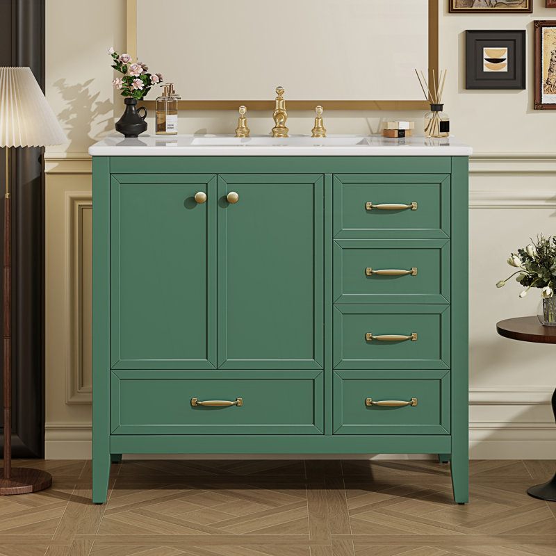 Meuble-lavabo avec lavabo, armoire de salle de bain avec porte à fermeture en douceur, 4 tiroirs de différentes tailles, Vert