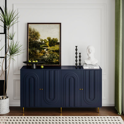 Blue Lacquered 4 Door Wooden Server Cabinet. For Living Room, Office. Adjustable Shelves, Cabinet For Entryway, Hallway.