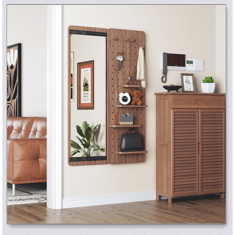 Wall Mounted Full Length Mirror With Shelf And Hook, Multifunctional Design For Space Saving And Stylish Home Decor, Brown