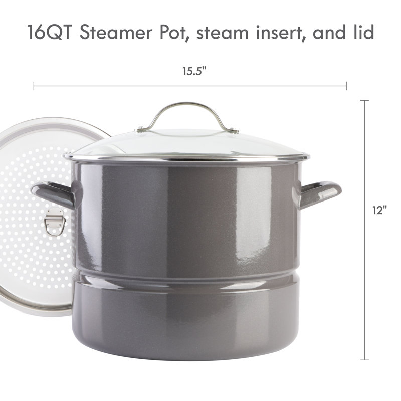 Graphite Grey 16-Quart Enamel Steel Stock Pot with Steamer