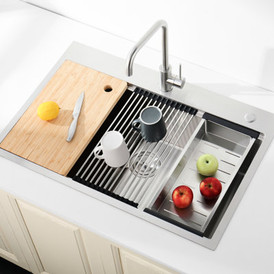 30"X22" Stainless Steel Sink, Single Bowl Overmount, Ravishing Brushed Finish, With Cutting Board, Colander, And Superior Resistance Drip Feature