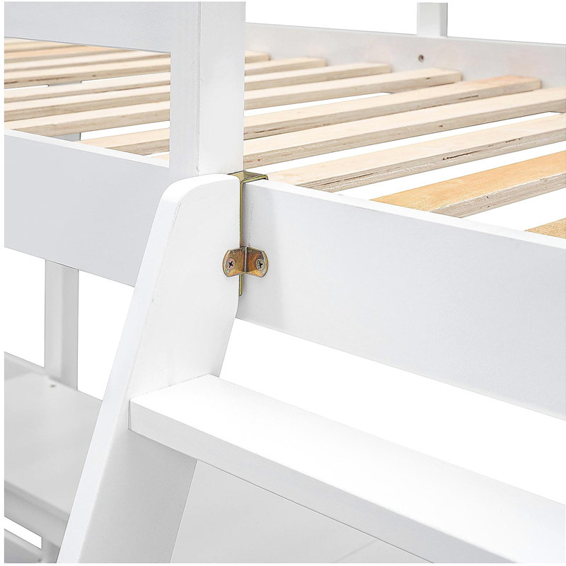 Lit mezzanine simple en bois en forme de L avec échelle et 2 bureaux encastrés en L, blanc