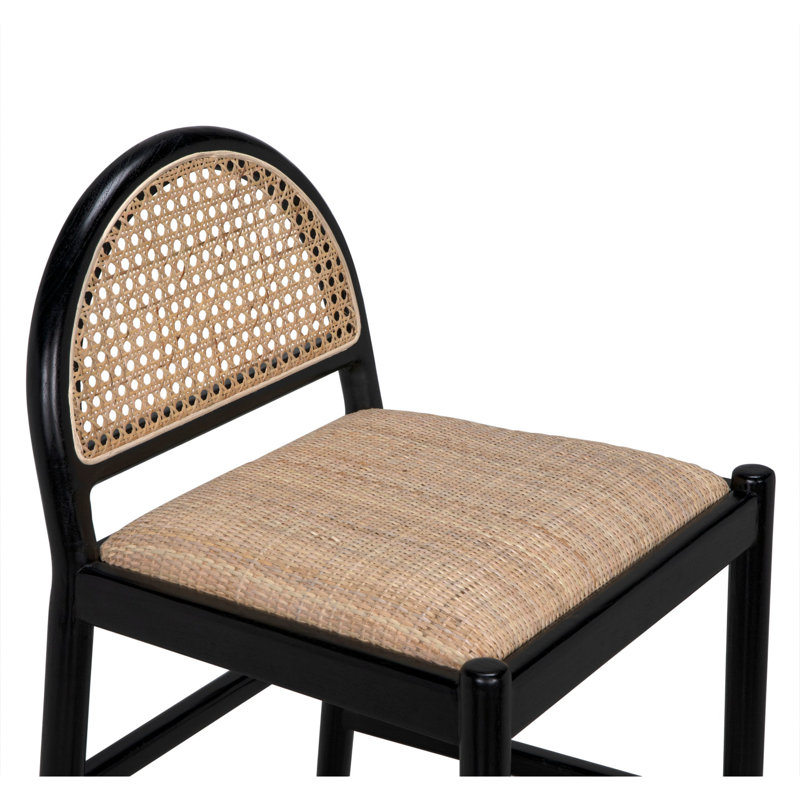 Black and Natural Wood Counter Stool with Rattan Backrest