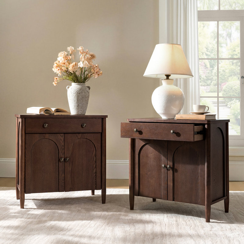 Leominster 28"W 1-Drawer 2 Arched Door Cabinet Chest with Solid Pine Wood Legs and Built-In Power Outlet