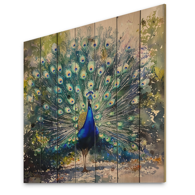 Paon en pleine exposition III - Décoration murale en bois d'oiseau - sur bois de pin naturel, H 30 po x l 30 po x P 0,78 po