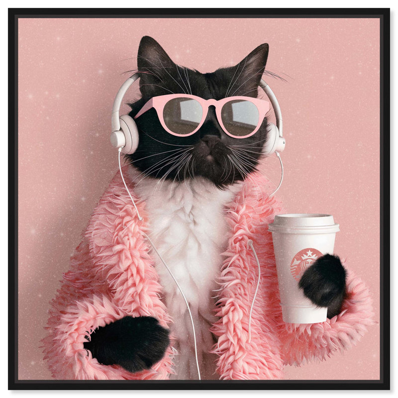 «Glam Cat Headophone Canvas» par Art Remedy, H 31 po x l 31 po x P 1,8 po, Cadre flottant noir