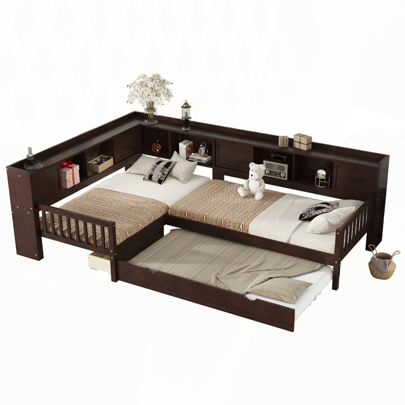 Lit plateforme en L simple avec lit gigogne, Espresso