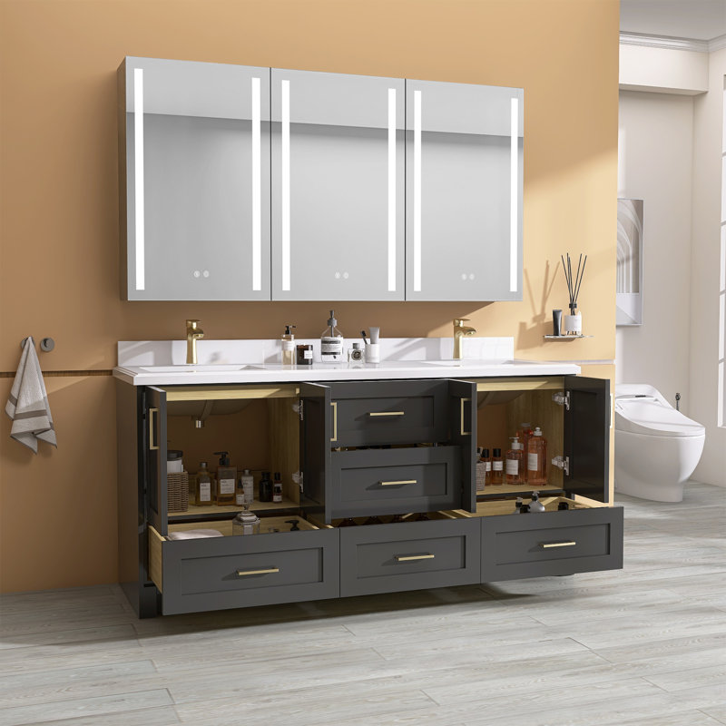 Base de meuble-lavabo double en bois massif 72 po seulement, Gris