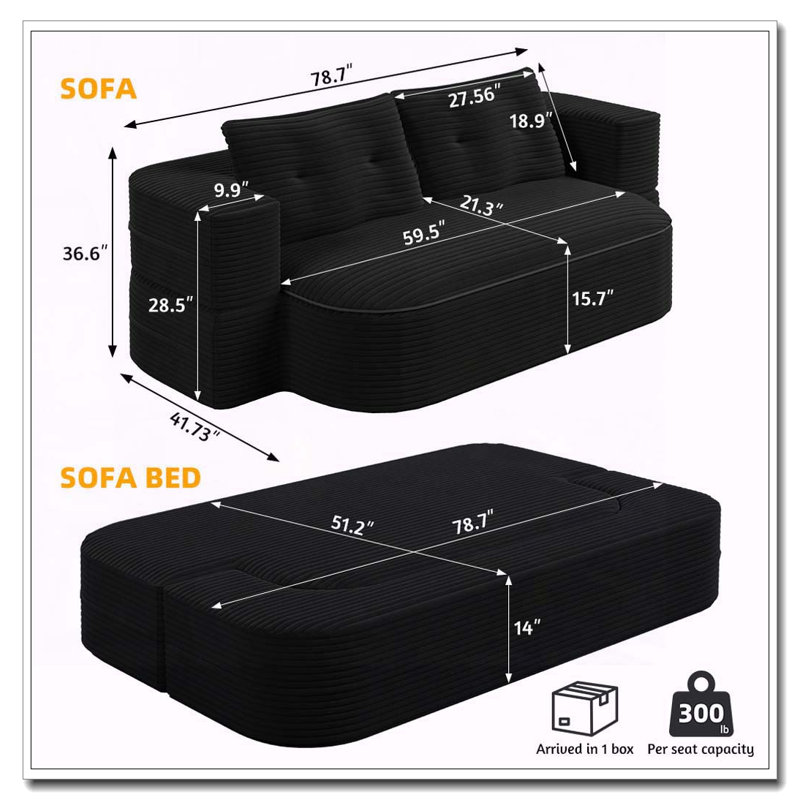Canapé 78,7 "moderne 2 en 1 pliable avec couverture fonctionnelle et 2 coussins moelleux, Noir