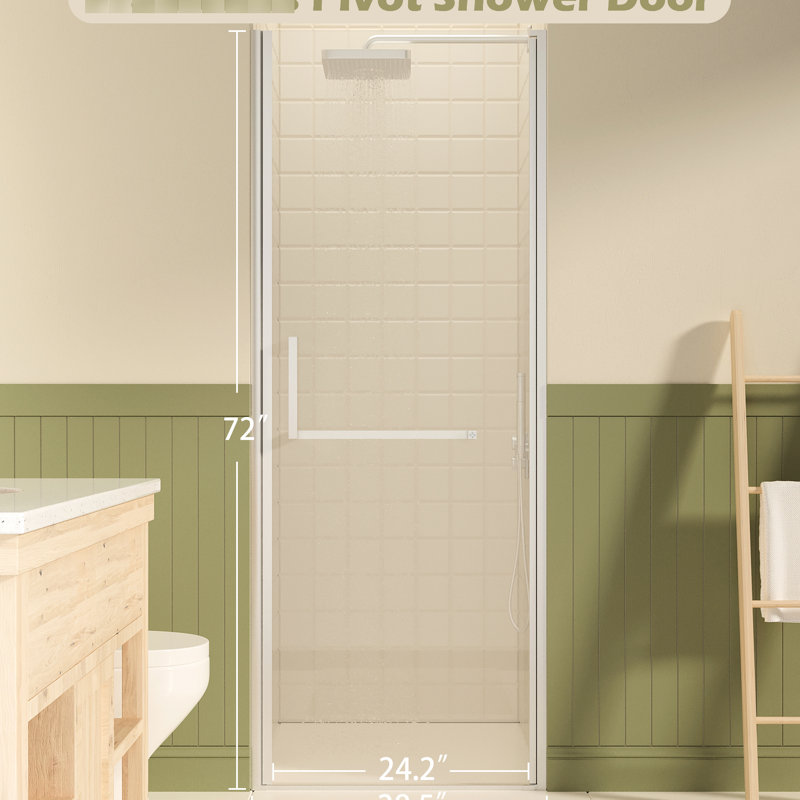 27 - 28" Wide Pivot Shower Door 72" High, 1/4" 6Mm  Tempered Glass, Reversible Setup, Brushed Nickel. Nano Coating Keeps Bathroom Clean, Fits Compact Spaces High Wide, Clear Proof Film, Nickel