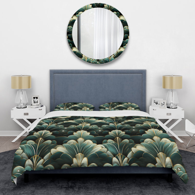 Ensemble de housse de couette Damask Green Art Decor, Housse de couette simple + 1 taie décorative stan