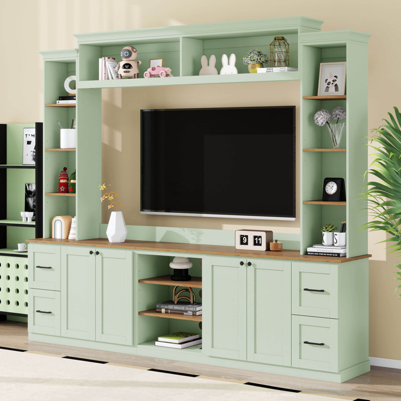 Meuble télé avec bibliothèque pour téléviseur de 70 po, centre de divertissement avec tablettes réglables, console multimédia avec tiroirs et armoires