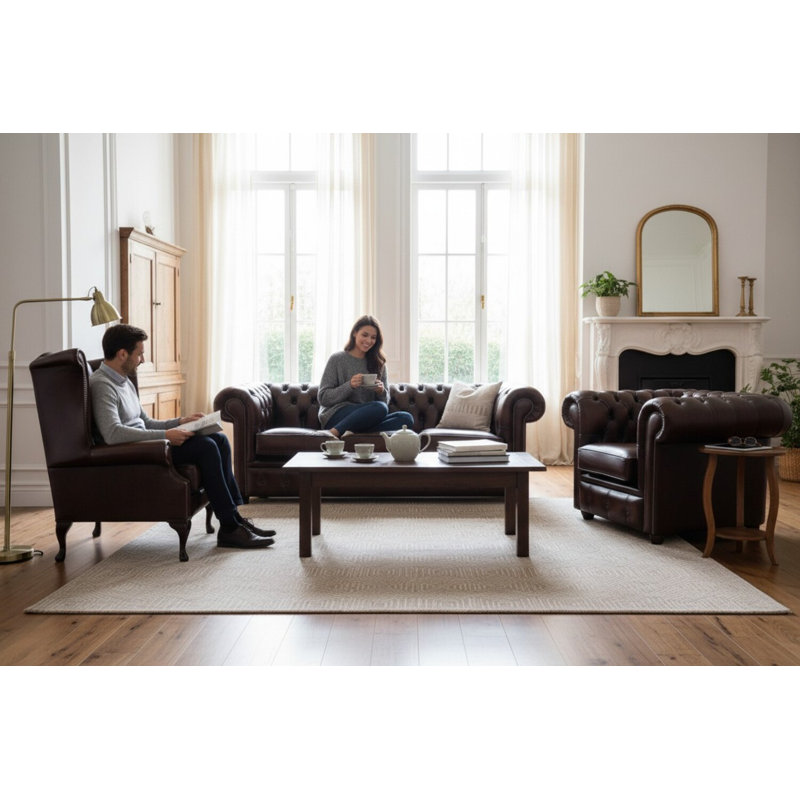 Chesterfield 3 Piece Suite. 3 Seater Sofa + Club Chair + Queen Anne Wing Chair Leather Sofa Suite Offer Antique, Brown
