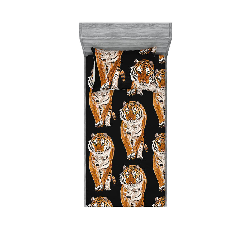 Ambesonne Fitted Sheet & Sham Exotic Jungle Tiger Boho Charcoal Grey Amber, Twin XL Sheet Set with 1 Pillowcase