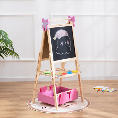 Kids Art Easel with Storage Drawer & Paper Roll – Adjustable Wooden Double Sided Magnetic Easel for Kids Chalkboard Whiteboard Toddler Easel for Boys Girls Ages 3+