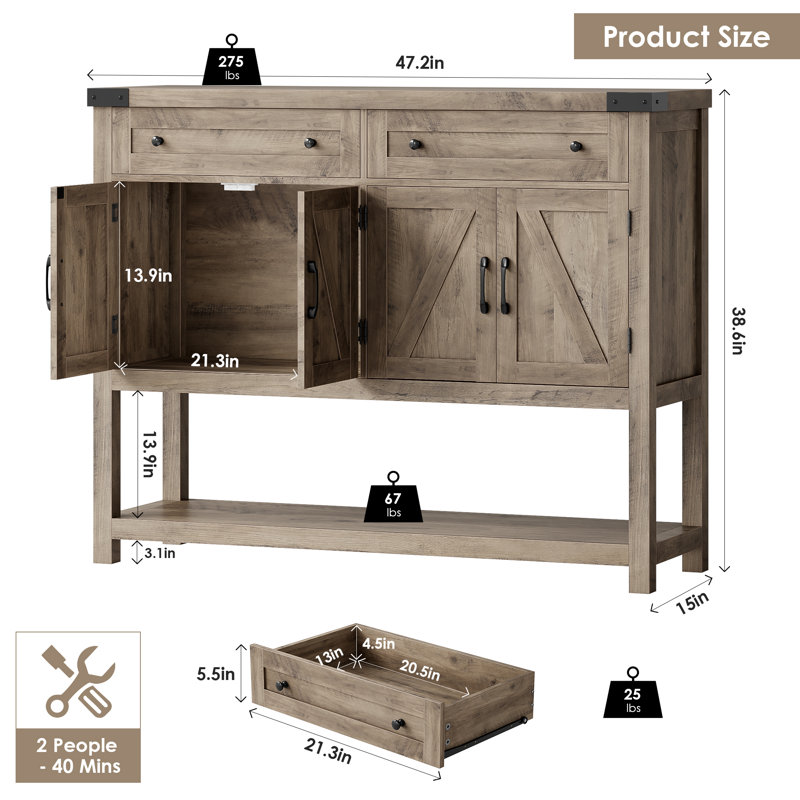 Darius 47.2" Wood Console Table with 2 Drawers, Gray Base/Gray Top