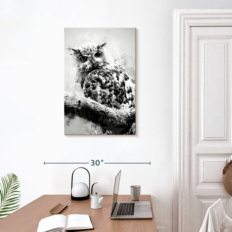 Brampt Owl Looking Black And White, 30" H x 20" W