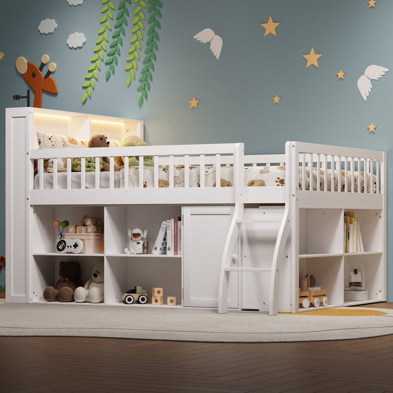 Lit mezzanine double avec rangement, tête de lit avec lumière DEL, blanc, Lit double, Blanc