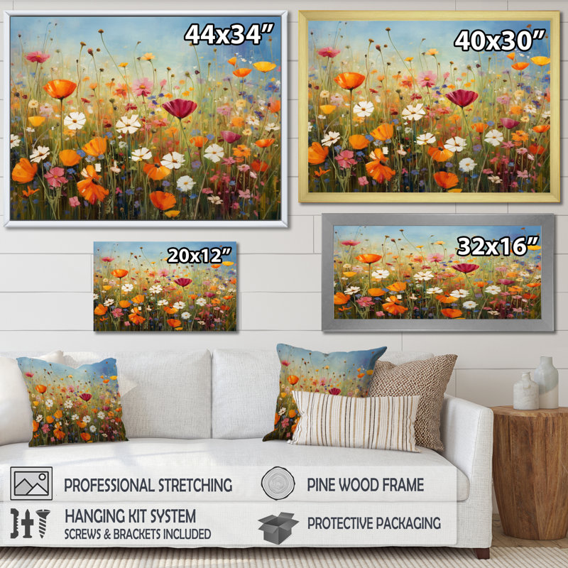 Colorful Wildflower Symphony I, reproduction d'art sur toile, 24" H x 32" W, Cadre flottant blanc