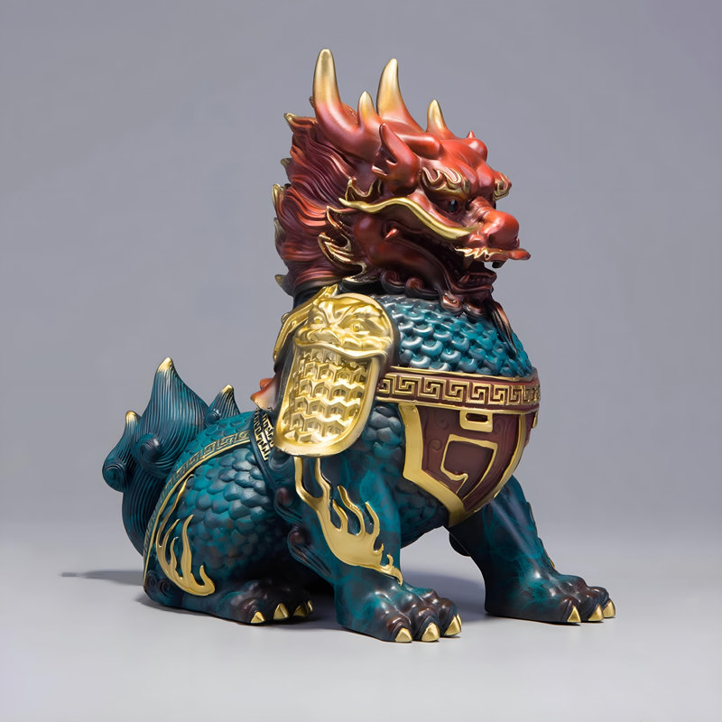 Élégante décoration Kirin - Sculpture en laiton fabriquée à la main, H 7,87 po x l 7,87 po x P 4,33 po