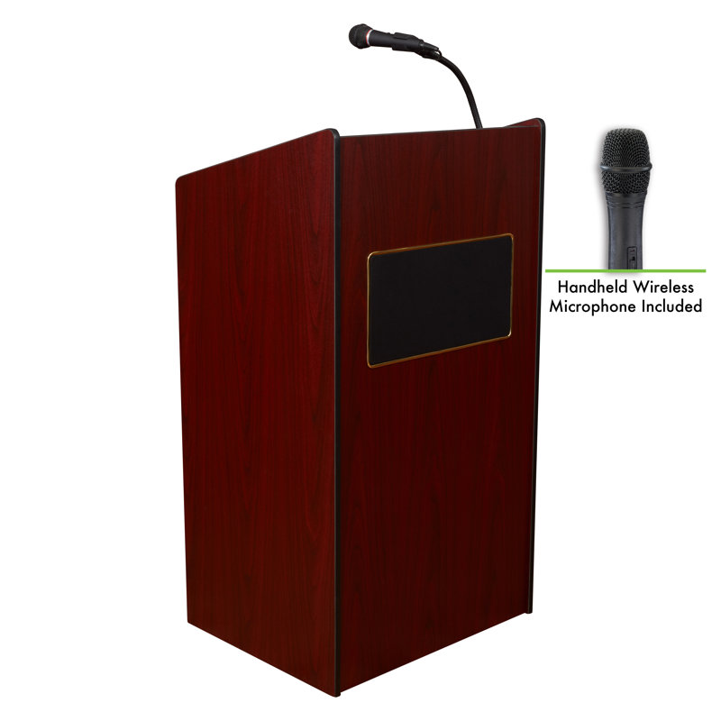Mahogany Mobile Lectern with Wireless Microphone and Storage