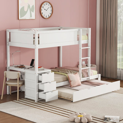 Lit superposé triple avec bureau de chargement intégré et lit gigogne
