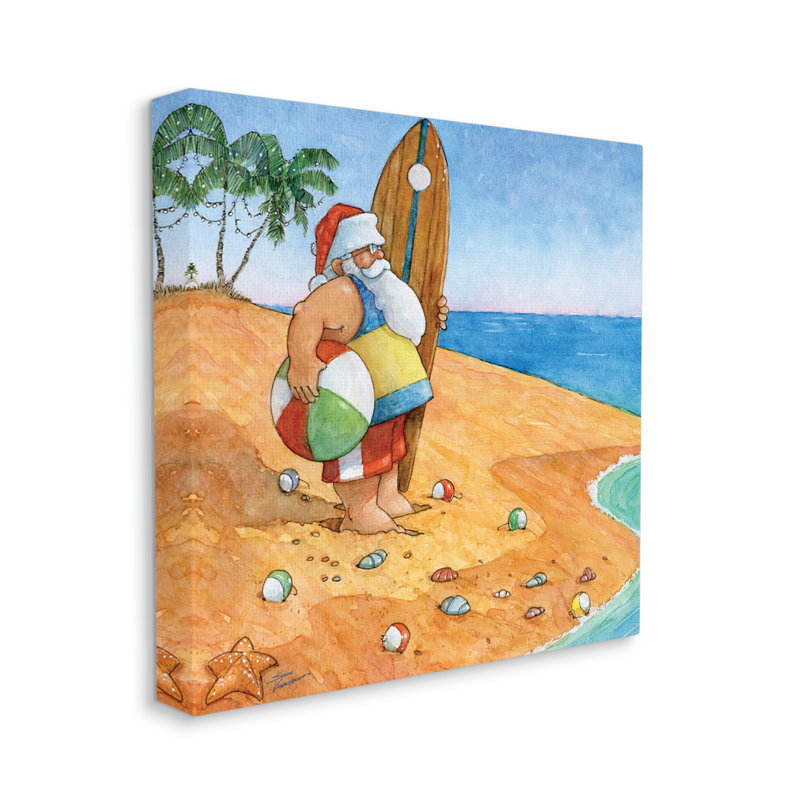 «Santa Claus On Beach Surf Board Tropical Christmas», estampe numérique encadrée de Steve Vanderbosch, Toile tendue