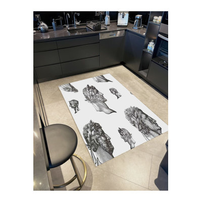 Gray Themed Abstract Bust Patterned Woven Base Modern Decorative Washable Rug