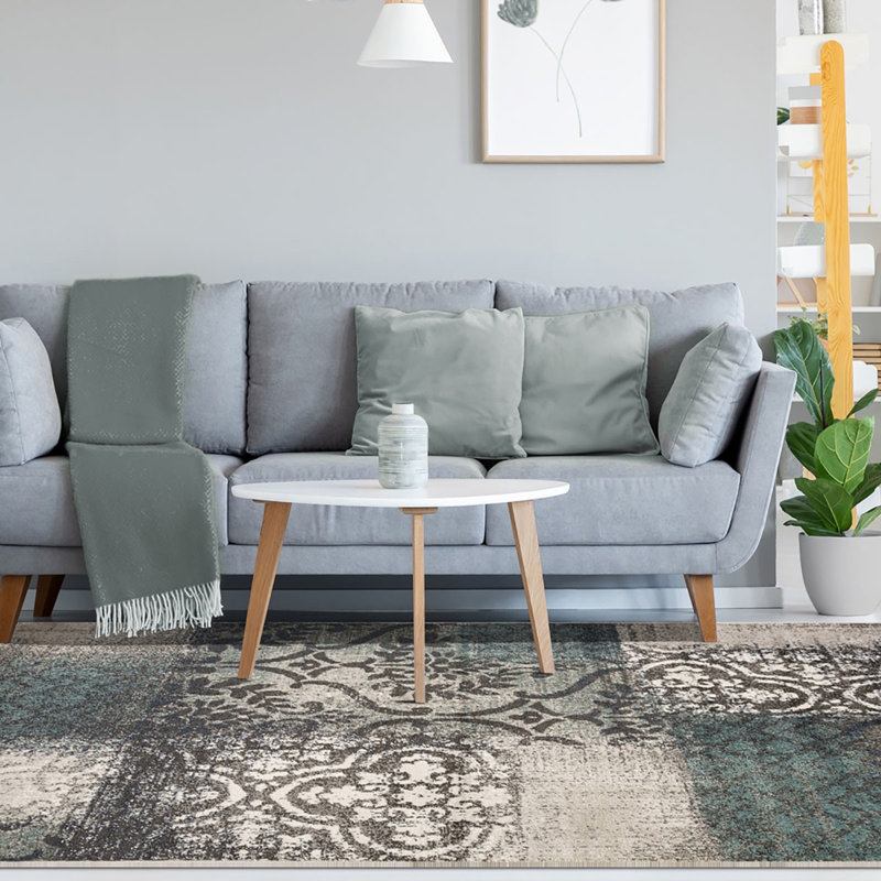 Tapis bleu sarcelle et gris 8 pi x 10 pi résistant aux taches