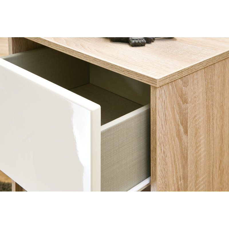 Fully Assembled Vernon 2 Drawer Bedside Table, Cream Gloss/Black