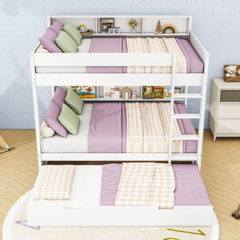 Lit superposé élégant en bois avec tablettes de rangement intégrées et lit gigogne escamotable, Double sur double, Blanc