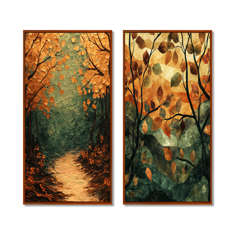 Feuilles de forêt brune, tranquillité I - Art mural floral, collection 2 panneaux, H 28 po x l 25 po, Cadre flottant brun