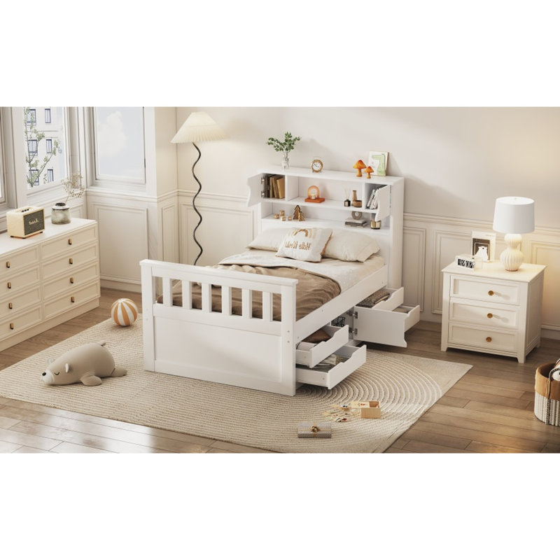 Lit simple avec options de bibliothèque et de tablettes - blanc, élégante tête de lit à 4 tiroirs de rangement blanche, stable