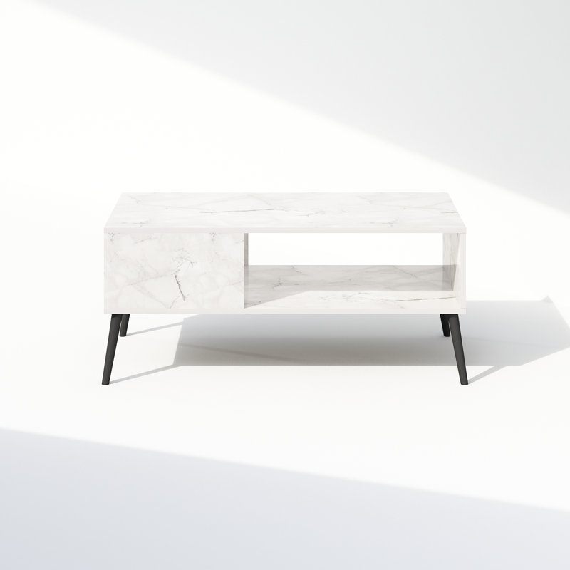 Furinno Claude Mid Century Style TV Stand for TV up to 40 with Wood Legs, Marble White, White