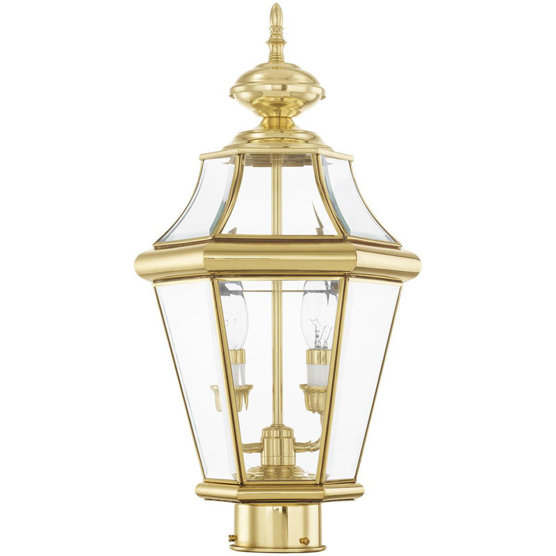 2 Light Outdoor Post Lantern Pendant with Clear Glass Shade, Polished Brass
