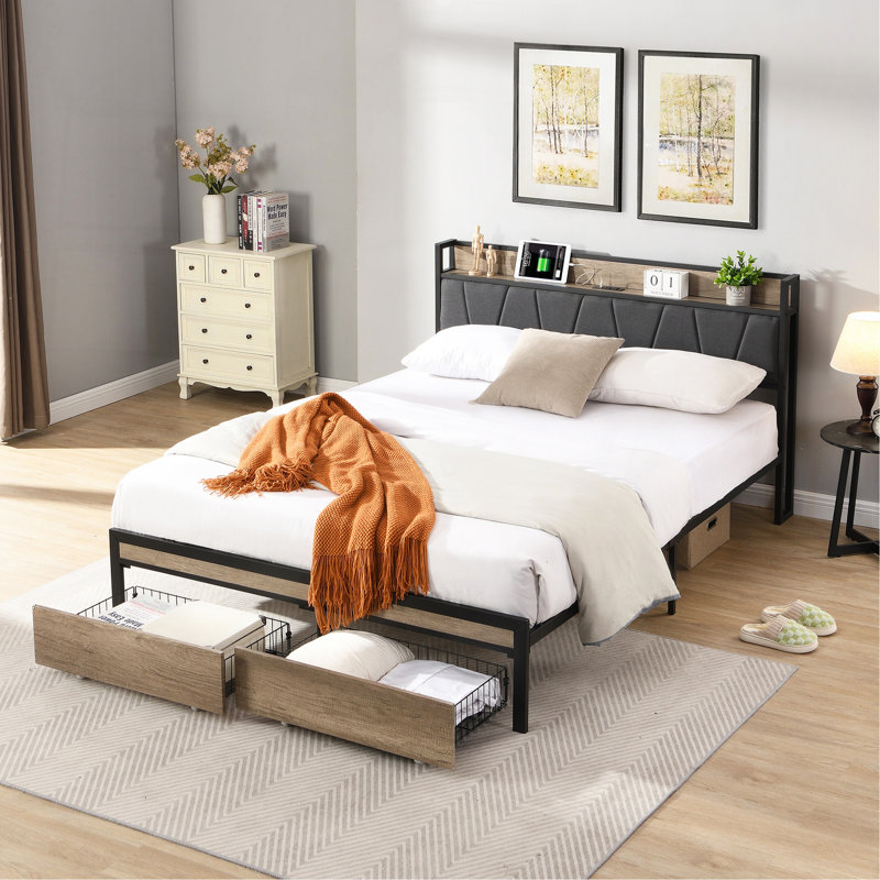 Structure de lit plateforme grand lit en métal avec tête de lit avec fonction de rangement rembourrée et doublure USB et pied de lit avec tiroirs, aucun sommier nécessaire, grand rangement sous le lit, assemblage facile