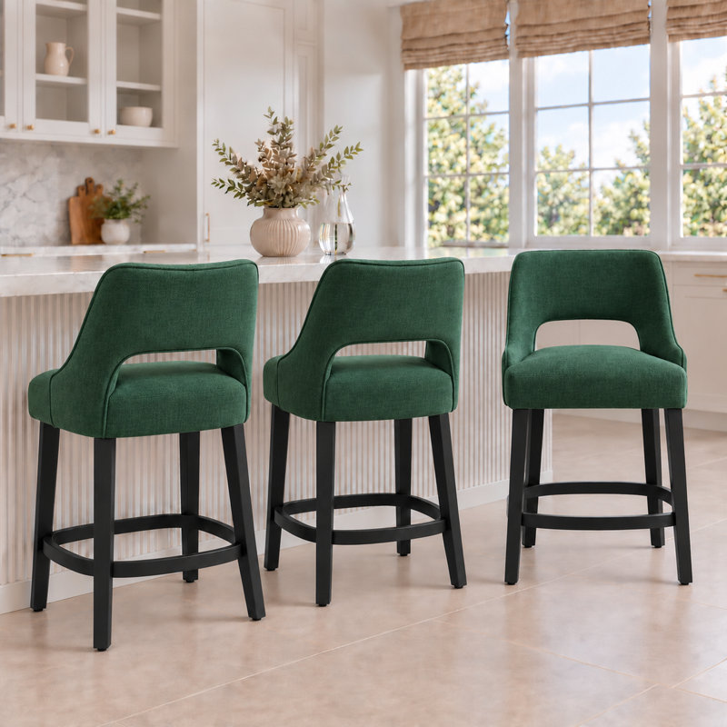  Tabourets de bar 26 po, chaises de bar rembourrées en bois massif (ensemble de 3), Pieds vert foncé et noirs