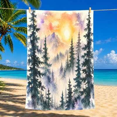 1Pcs Majestic Mountain Forest Towel, featuring a stunning watercolor sunset over misty pine landscape. Large, absorbent beach, perfect for outdoor adventures, travel, and days, artistic design nature lovers.