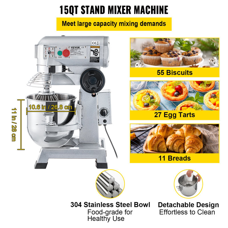 Commercial Food Mixer, 15Qt Commercial Mixer With Timing Function, 500W Stainless Steel Bowl Heavy Duty Electric Food Mixer Commercial With 3 Speeds Adjustable 113/184/341 RPM, Dough Hook Whisk