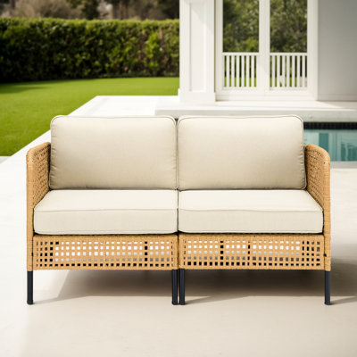 Style naturel avec coussins beiges - Mobilier de patio extérieur, intempéries, coussins moelleux amovibles, canapé modulaire personnalisable, pendant des années, tissé à la main, confortable et épais