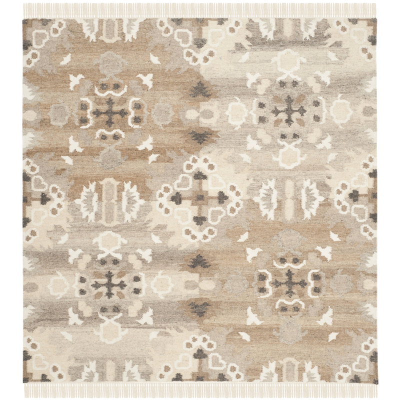 Mill Natural Hand Woven Wool/Viscose/Cotton Geometric Rug in Gray, Square 7'