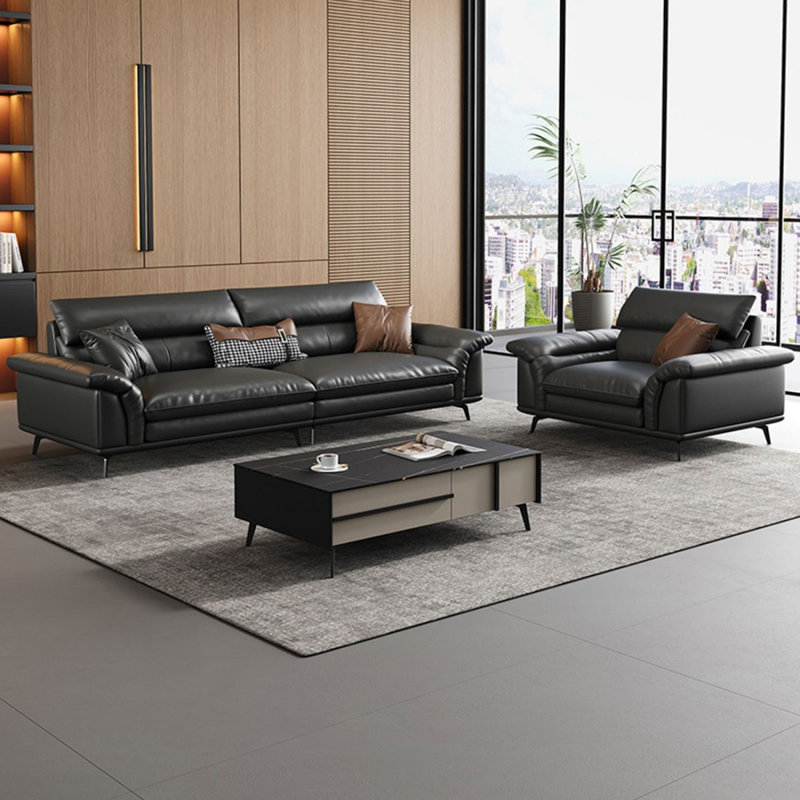Ensemble de salon en cuir véritable gris foncé 3 pièces