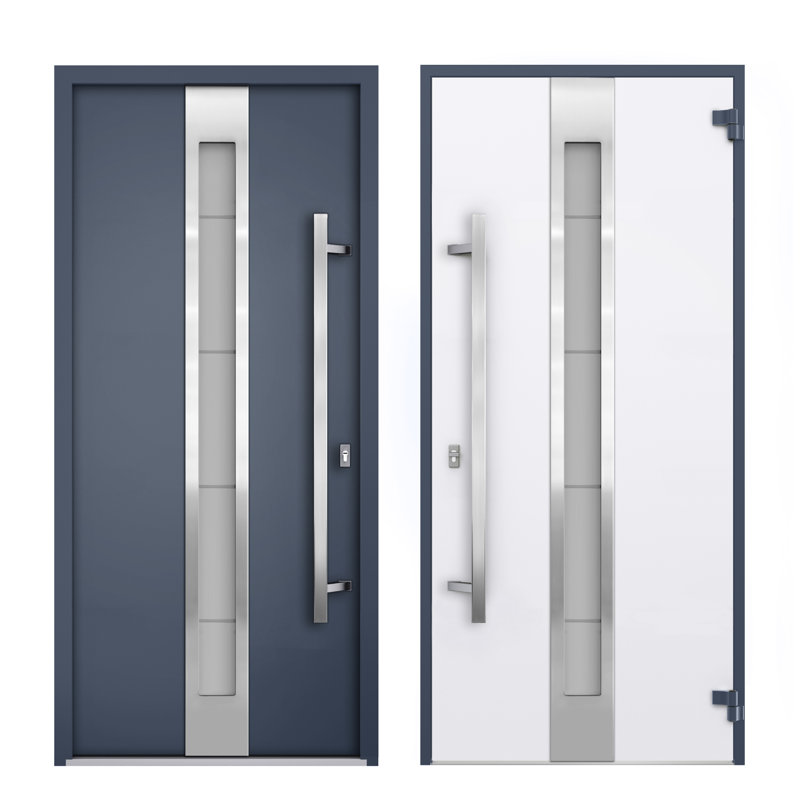 Deux portes d'entrée extérieures pré-montées en métal gris Deux, Côté gauche